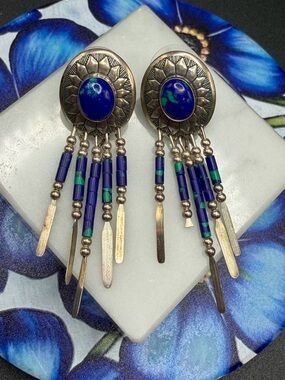 RB Sterling Earrings Native American #E436 Blue stone Silver drop dangle *READ*